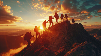 Team building, a group of people makes an ascent to the top of a mountain, teamwork