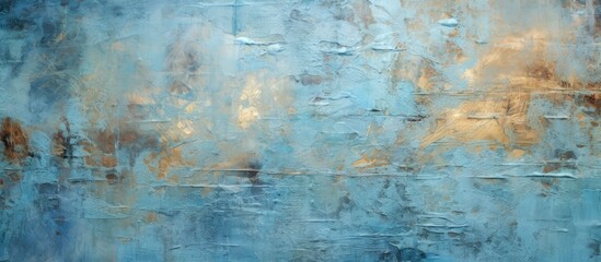 A detailed painting in shades of blue and gold adorns a wall, with intricate brushstrokes creating a textured surface. The colors blend seamlessly, enhancing the cracked and peeling grunge background.