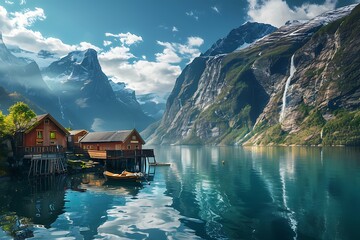Scenic village with red houses on fjord shore, surrounded by mountains, reflecting in water. - obrazy, fototapety, plakaty