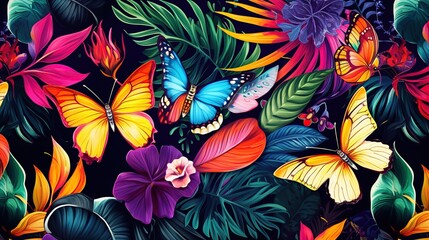 Illustration of colorful tropical leaves with butterfly seamless pattern.
