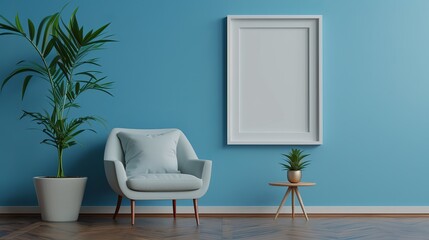 Modern Interior Design with Empty Frame, Elegant Chair, and Indoor Plants Against a Vibrant Blue Wall