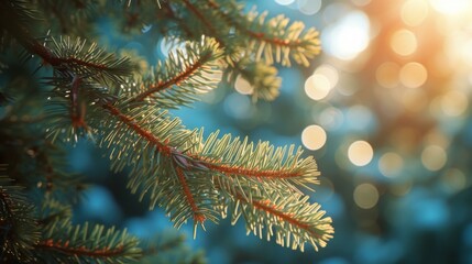 A close up of a pine tree branch with bright sunlight. Generative AI. - Powered by Adobe