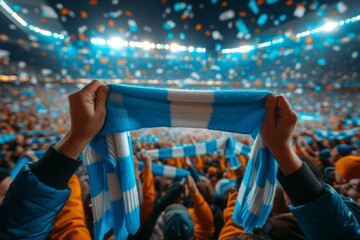 A person holding up a blue and white scarf. Generative AI.