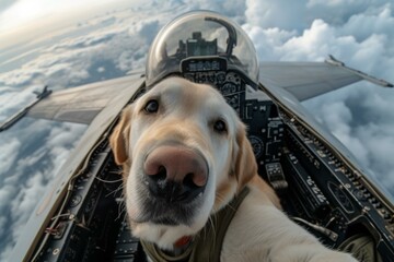 A dog is sitting in the cockpit of a fighter jet. Generative AI. - obrazy, fototapety, plakaty