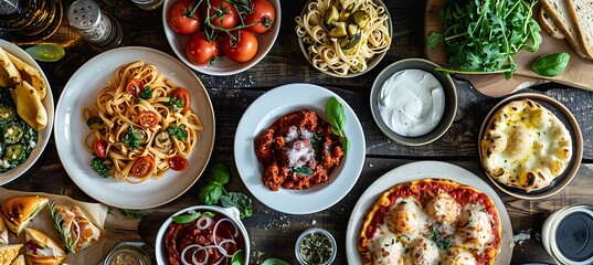 Italian Food Buffet From Above With Pasta, Pizza, Salads, Bread, And More