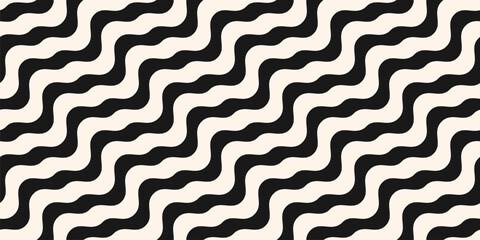Black and white diagonal wavy lines seamless pattern. Vector abstract liquid stripes background. Simple monochrome texture with diagonal waves, fluid shapes. Groovy repeated design for decor, print - 768256303