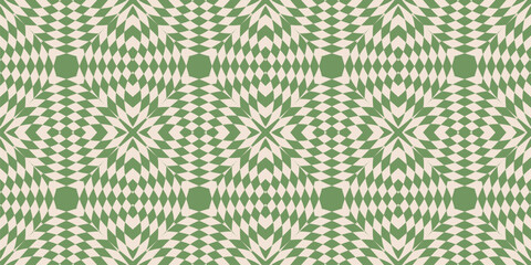Vector seamless pattern with optical illusion effect, kaleidoscope. Abstract checkered ornament texture. Retro style funky background. Green and beige color. Repeat design for decor, print, wrapping
