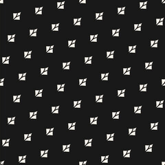 Vector geometric texture with small shapes, simple flower silhouettes, feathers in diagonal grid. Abstract black and white seamless pattern. Minimalist monochrome background. Repeating dark design