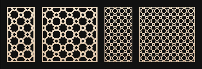 Laser cut patterns. Vector set with oriental geometric ornaments with grid, mesh, circles, floral silhouettes. Elegant template for cnc cutting, decorative panels of wood, metal. Aspect ratio 1:2, 1:1