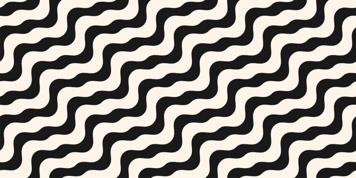 Black and white diagonal wavy lines seamless pattern. Vector abstract liquid stripes background. Simple monochrome texture with diagonal waves, fluid shapes. Groovy repeated design for decor, print