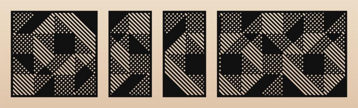 Laser cut panel set. Template with abstract geometric pattern, lines, stripes, grid. Vector decorative stencil for laser cutting of wood, metal, plastic, decor element. Aspect ratio 1:1, 3:2, 1:2