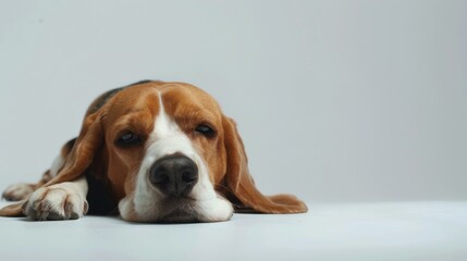 A beagle dog laying down on the floor. Generative AI.