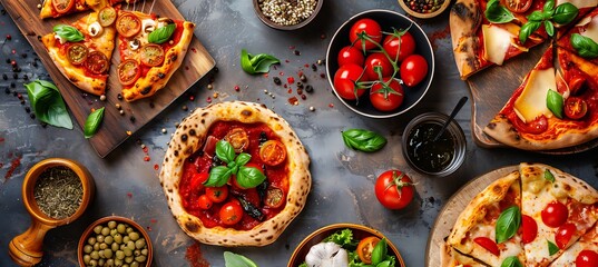 Various styles of pizza with tomatoes and basil on a rustic table.