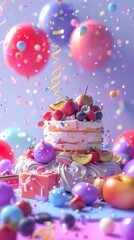 Birthday Cake Surrounded by Balloons and Confetti