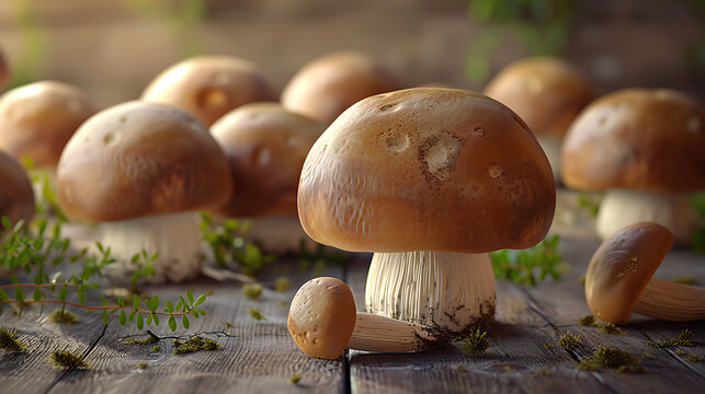 The image you’ve uploaded depicts a group of mushrooms arranged alongside some herbs on a wooden surface