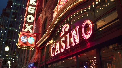 a casino sign is lit up at night in a city street