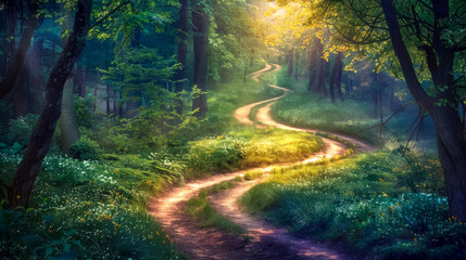 Obraz premium Enchanted forest path at sunrise