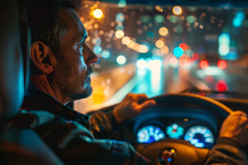 Obraz premium A man is driving a car at night with the lights on