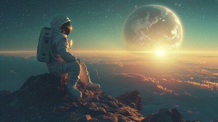 Astronaut Sitting on Mountain Summit - obrazy, fototapety, plakaty