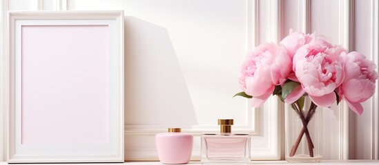 A lovely close-up of a decorative vase filled with delicate pink flowers and a picture frame beside it