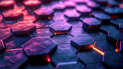 Obraz premium A 3D rendering of a grid of hexagonal shapes with glowing lights in the background