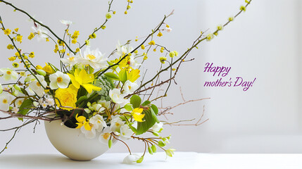  bouquet arrangement of white, yellow flowers and green twigs in a low vase , inscription in purple letters " Happy mother's Day!"