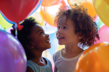 Naklejka premium Two happy mixed race little girls surrounded by colorful balloons