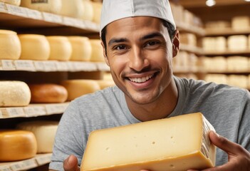 A cheesemaker in a cheese cellar proudly presents an artisanal cheese, indicating craftsmanship and tradition in cheese-making.