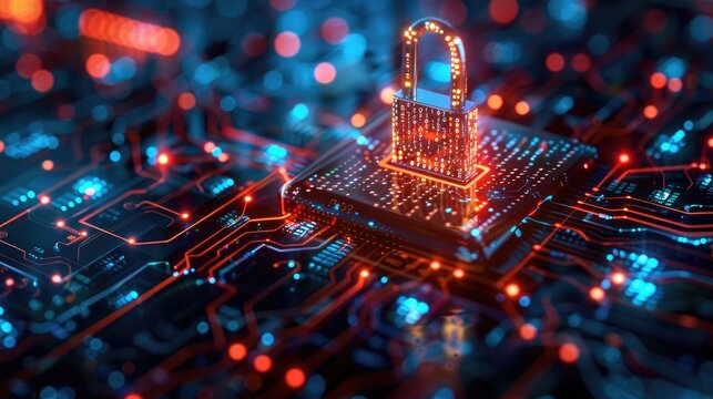 a glowing padlock sitting on top of a circuit board