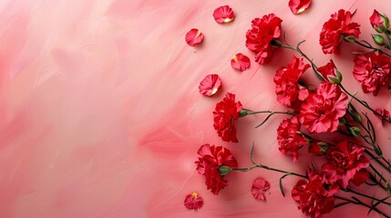 Bouquet of red or crimson carnations in top right corner on pink background. Valentine's Day. March 8 Women's Day. Mother's Day. Grandma Day. Happy Birthday. Wedding. Greeting card with copy space