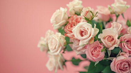 Bouquet of small white - pink roses on a pastel background close-up, with copy space. The concept for the day of lovers and all the holidays. Floral Minimalism
