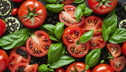 Culinary Creation Featuring Ripe Whole and Sliced Tomatoes, Fresh Basil Leaves, and a Medley of Black and Green Peppercorns, Comprising Cut-Out Herbs and Vegetables, Delicious and healthy