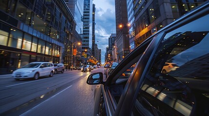 a car driving down a street at night time with traffic lights on the street and buildings in the background - obrazy, fototapety, plakaty