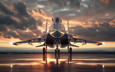 Fighter jet on runway at sunset military aircraft ready for takeoff wallpaper - obrazy, fototapety, plakaty
