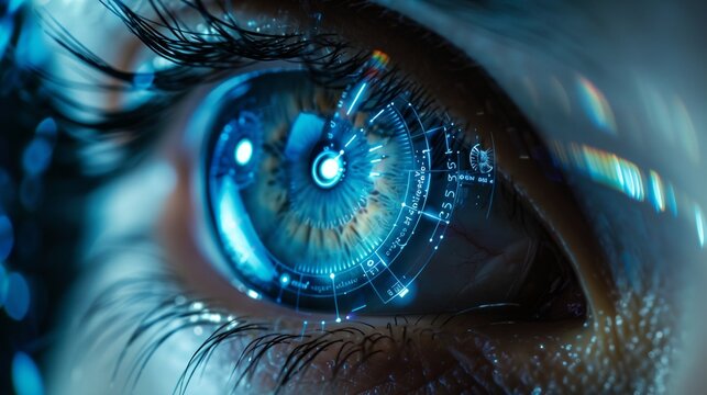 a close up of a person's eye with a futuristic design in the background