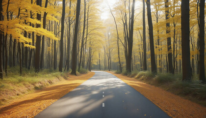Obraz premium Road crossing a forest in autumn with yellow leaves on the trees and sunshine