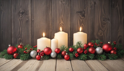 Empty wooden table with Christmas decorations, candles, pine branches and Christmas balls -...