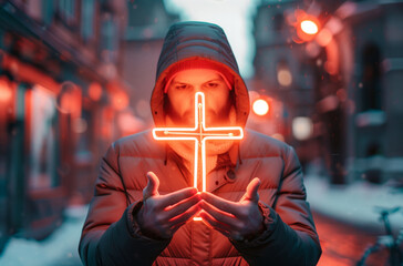 Man on street holding Christian cross made of neon lights, street in neon signs modernity of religion