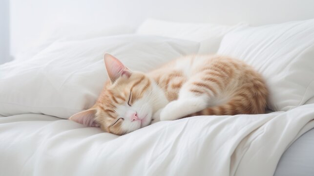 Cute cat sleeping on the white pillow with blurred sunlight from window.