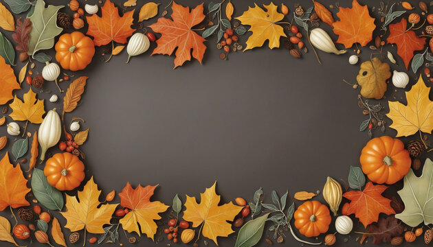 cozy autumn objects forming a frame border, with copyspace for your design