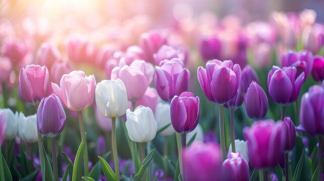 Colorful purple and white-pink tulips planted in rows, blurred image with copy space. Natural flowers background with semi transparent blank text frame. Greeting card for springtime holidays