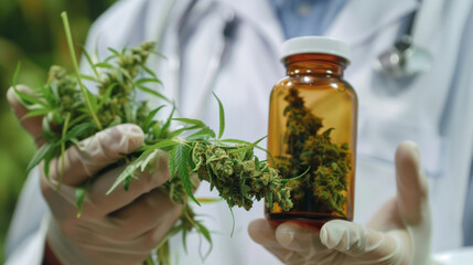Light cannabis drug, medical cannabis on the table in capsules and cones, doctor holds cannabis