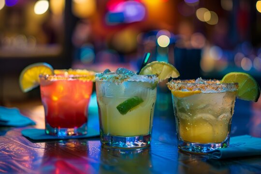 Three different types of margaritas on the table Generative AI