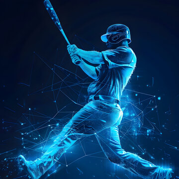 A blue digital Baseball player for swing technology improvement and metrics