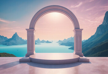 Arched portal podium on fantasy surreal landscape