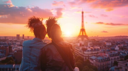 Two People Admiring Eiffel Tower at Sunset