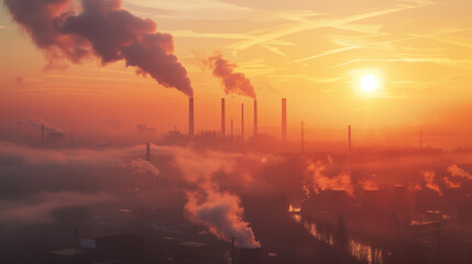 Industrial skyline at dawn with smoke plumes, suitable for discussions on energy production and environmental impact. - obrazy, fototapety, plakaty