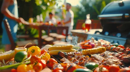 Poster Family or friends prepare barbecue in their kitchen. Assorted delicious barbecue with meat and vegetable  © Nijat