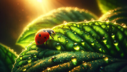A ladybug exploring the edge of a lush green leaf, on the surface of which drops of water are scattered. Golden Hour lighting creates a warm light that highlights the contrast between the ladybug's br - obrazy, fototapety, plakaty