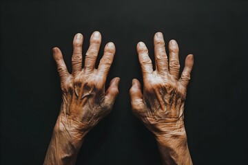 Closeup of a persons hands showing signs of arthritis with fingers bent and restricted movement. Concept Closeup Photography, Arthritis Awareness, Restricted Movement, Health Conditions, Hand Poses